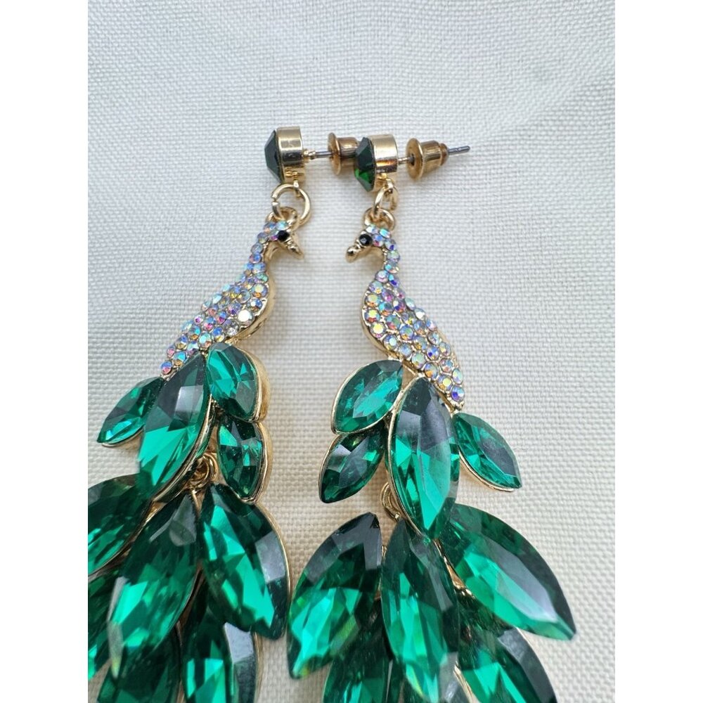 Peacock Drop Earrings Rhinestone Crystal Dangle Chandelier 2.9 inch Green - Picture 7 of 7